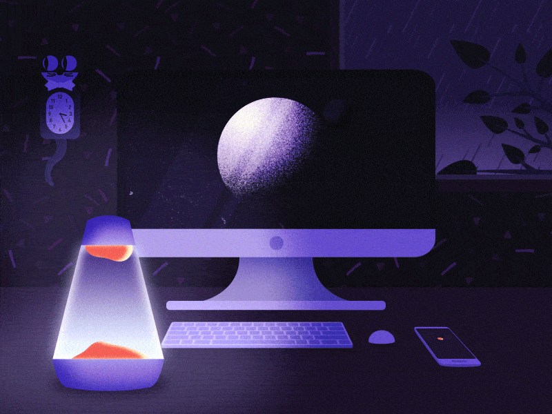 Restless animation clock computer dark illustration lavalamp liquid motion moody motiondesignschool night planets rain smartphone workplace