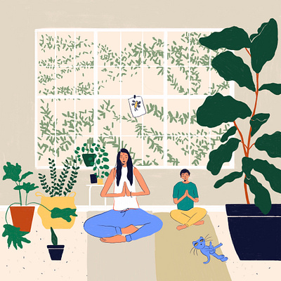 Yoga time botanical cat character chill design digital illustration joy kid nature plants texture yoga yoga pose