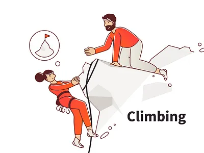 Climbing challenge character climb color concept hard header illustration illustrator landing landscape love manager mountain people red rope support travel ui