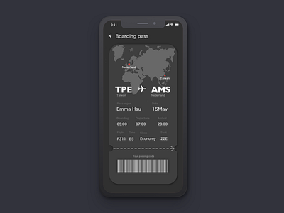 Daily UI 024 - Boarding Pass boarding boarding pass boardingpass daily 100 challenge daily ui dailyui dailyui024 dark dark app dark mode dark theme dark ui design designui pass