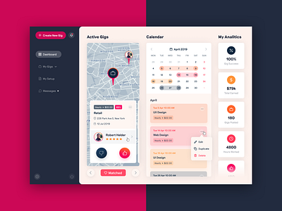 Gigs App Dashboard app dashboard design gigs icons jobs map product design sidebar sidebar menu ui ux uxui widgets