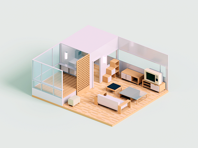 Micro Apartment 3d illustration interior minimal render room voxel