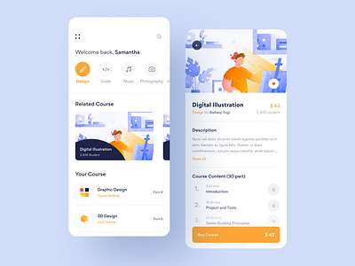 Online Skill Course App app blue clean design dailyui design digital illustration illustration ios learning app learning platform online courses skills study ui white yellow