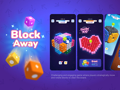 ASO Design for Block Away - Tap Out Puzzle 3d app app store aso blender block away blocks branding cube design game google play graphic design logo screens screenshot set tetris ui vector