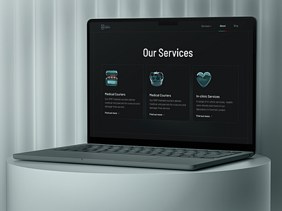 Medical Logistics "Our Services" 3d model black box boxes crown dark mode heart landing page minimalistic mockup modelling modern offer services tiles ui ux website