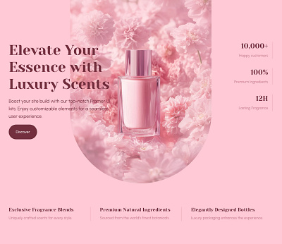 Pink Hero section for Framer built with Frameblox UI kit ecommerce elegant framer header hero landing luxury parfume pink product template ui webdesign website website design