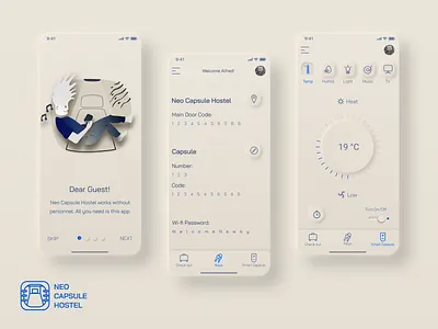 Neo Capsule Hostel (Smart home + Neumorphizm) app flat illustration logo mobile neomorphism neumorphism smart home smarthome ux