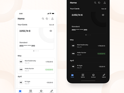 Banking App | Light and Dark Mode app design bank bank balance bank card banking banking app clean credit card dark theme dark ui finance fintech mobile design mobile ui ui