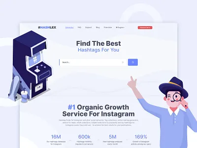 Hashtag Generator Hashlex Landing Page Design create hashtag figma design hashlex hashlex generator hashlexcom hashtag hashtag generator hashtag saas hashtags illustraion illustration art illustrations instagram service landing design landing page service for instagram ui