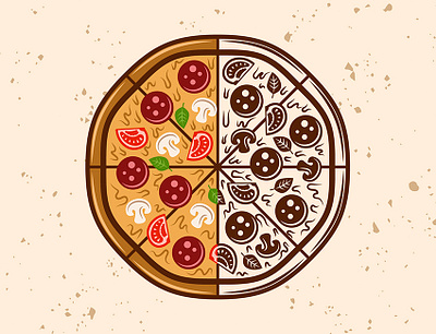 Pizza two halves in two styles vector illustration art cartoon colored cuisine design fast food flat food graphic design illustration italian pepperoni pizza pizzeria round pizza texture vector vintage