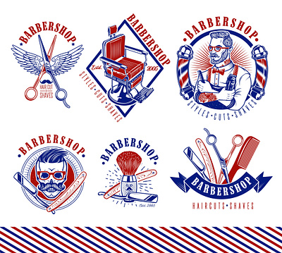 Set of vintage barbershop labels blue and red colors barber barbershop barbershop logo