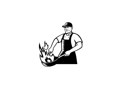Chef Cooking Flaming Pan Black and White apron chef cook cooking fiery fire flame flaming food worker pan wok woodcut