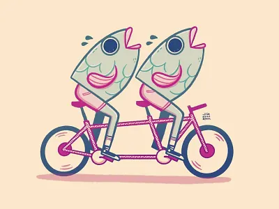 Reverse Mermaid on a Tandem bike blake stevenson cartoon character design cute cycling fish illustration jetpacks and rollerskates mermaid outdoors pair retro shoes shorts summer surreal twin weird wheels