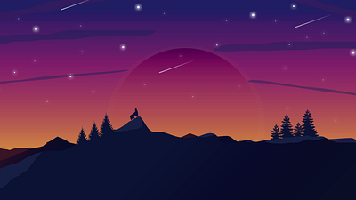 A wolf and a nightsky design illustration landscape landscape illustration mountain mountain landscape night