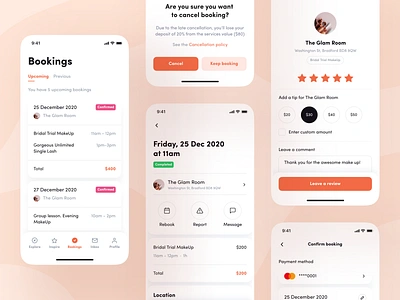 Readyhubb. Mobile App to book beauty services app beauty booking branding calendar checkout design invite ios marketplace mobile orange rating review screen services typography ui ux