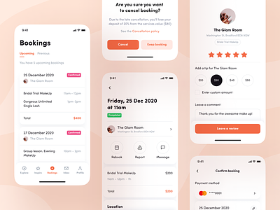 Readyhubb. Mobile App to book beauty services app beauty booking branding calendar checkout design invite ios marketplace mobile orange rating review screen services typography ui ux