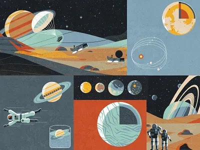 To the Moon and Back 🚀 adobe astronaut brushes cool educational illustration illustrator moon photoshop planets red space spaceexploration stars texture vector zero gravity