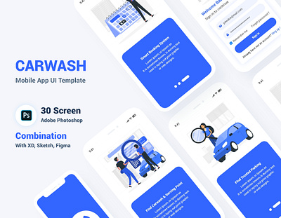 Car Wash Mobile App UI Template appointment automobiles booking car car washing app carwash creative dark full app garage modern parking psd vehicle wash washing