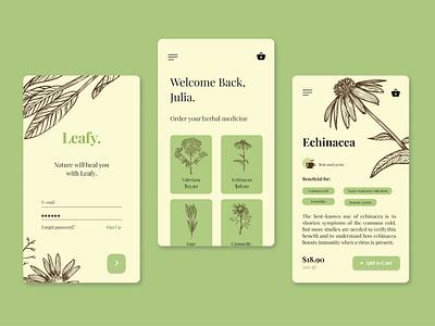 Leafy - Medicinal Herbs App app design herbal herbs leaf menu mobile design mobile ui shop ui ui design ux ux design