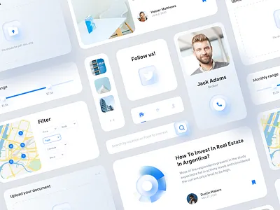 Real Estate UI Components blog cardboard cards ui component design components dropbox galleries map menu minimal mobile app range slider real estate search bar social app ui uikit ux web app