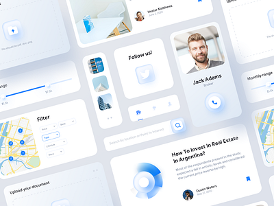 Real Estate UI Components blog cardboard cards ui component design components dropbox galleries map menu minimal mobile app range slider real estate search bar social app ui uikit ux web app