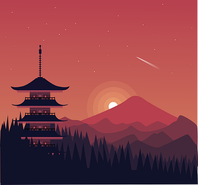 pagoda in the woods design flat illustration japan mountain nature pagoda red sky vector woods