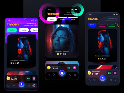 Trad3r Newsfeed exploration app branding camera audio video design figma game gradients illustration money investment neel newsfeed prakhar sharma sketch social trading ui ux designer vector web xd