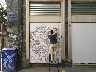 STREET ART IN THE CENTER OF ATHENS blackandwhite character creative doodle doodling illustration improvisation jungle marker plants street street art streetart stroke