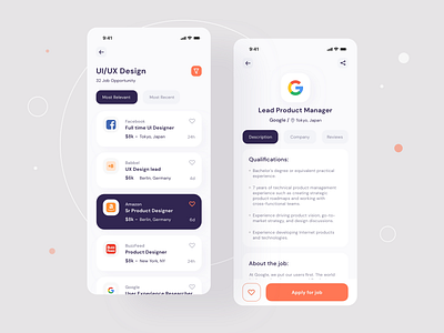 Job finder Mobile UI _ Job list app application apply filter find homepage illustration job app job finder jobs lists mobile ui mobile uiux navigation product screens search bar tabs uiux ux