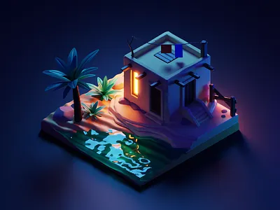 Night Oasis 3d blender desert diorama illustration isometric night oasis