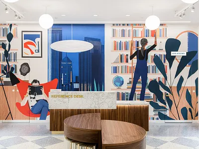 Warby Parker books character city digital folioart illustration interior library mural sam kalda