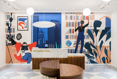 Warby Parker books character city digital folioart illustration interior library mural sam kalda