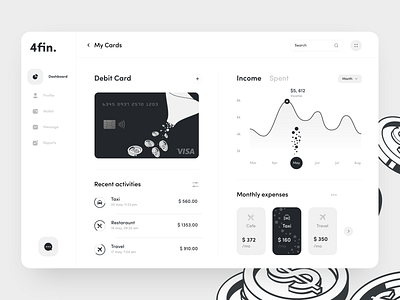 4fin Dashboard app banking bankingapp button card dashboard dashboard ui debit card design finance minimal mobile money sunday transaction uiux wallet