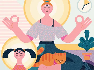 Meditation cat character child digital editorial folioart home illustration medtiate owen davey woman