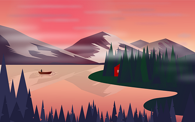 Mountains early morning boat cartoon fishman graphic graphicdesign house illustration logo mountains tree vector water woods