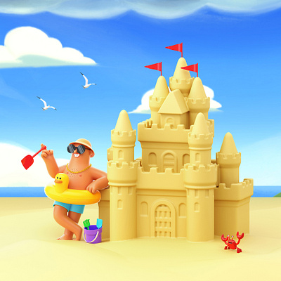 Father's Day arcade studio beach character dad digital fathers day folioart holiday illustration sandcastle