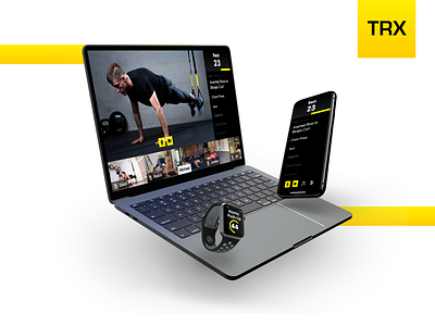 TRX Training Club - Web, Mobile, Watch App apple watch call countdown exercise fitness full screen gym ios laptop live music mute progress session stream timer vibrant video web app workout