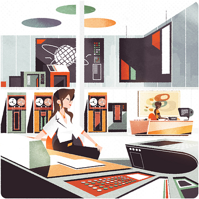 Mid Century Computer Room editorial fifties futurism googie illustration illustrator interior minimalist retro sixties texture vector