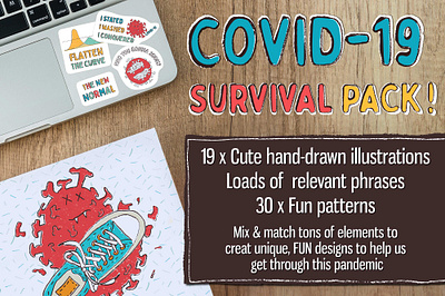 COVID-19 SURVIVAL PACK 1 awareness coronavirus covid 19 covid19 design design assets fun corona pack illustration mixed media pandemic pattern schneckicreative simple surfacedesign