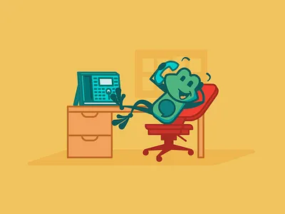 FreePBX Tango Scenes - Office character design chatting conference call design desk desk chair freepbx frog illustration lean back mascot office office desk phone post it note rolly chair talking tango vector work