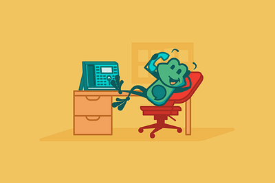 FreePBX Tango Scenes - Office character design chatting conference call design desk desk chair freepbx frog illustration lean back mascot office office desk phone post it note rolly chair talking tango vector work