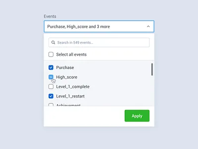 UI selector (Countly) analytics app button chart checkbox dashboard design dropdown edit flat interface minimal navigation panel scroll search selector toggle ui ux