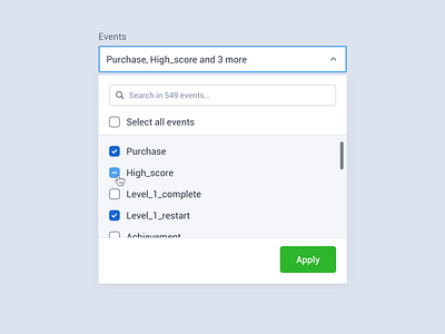 UI selector (Countly) analytics app button chart checkbox dashboard design dropdown edit flat interface minimal navigation panel scroll search selector toggle ui ux