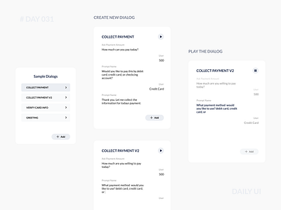 Daily UI 031 - Sample Dialog Design Feature concept conversational ui dailyui design tool dialog feature flow minimal platform script simple voiceflow vui web app