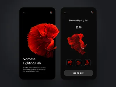 Online fish store app design clean ui dark dark mode fish fish store interface design mobile app online shop online store product page shopping app trending ui uiux design visual design