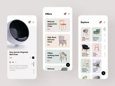 Furniture e-commerce ios mobile app screens app branding card chair sofa divan creative dashboard design ecommerce furniture furniture store interior logo minimal online shop shopping ui ux website
