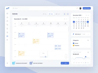 Bank - Calendar admin panel bank banking calendar chart clean credit card dashboard dashboard app date design interface money payments planner statistics transactions ui ux web webdesign