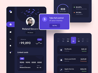 Darkmode Components app components credit card dark mode dashboard fintech menu mobile money payment profile transaction ui ux