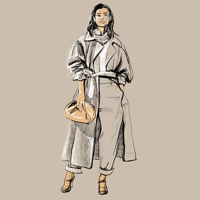 Fashion girl in trench cat fashion fashion brand fashion design fashion illustration fashion sketch girl illustration graphic arts illustration sketch trench cat