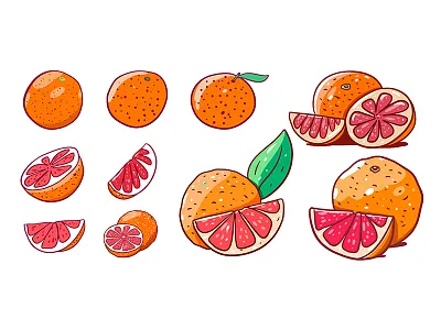 Grapefruit cartoon collection cute flat food fruit grapefruit illustration orange pink red set sketch style sweet vector